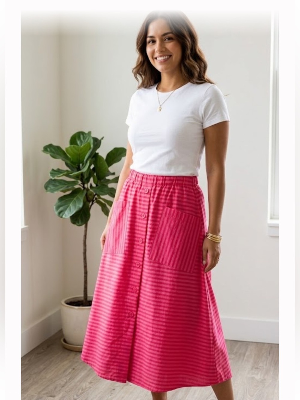 Piombo Hot Pink Striped A-Line Button-Front Skirt